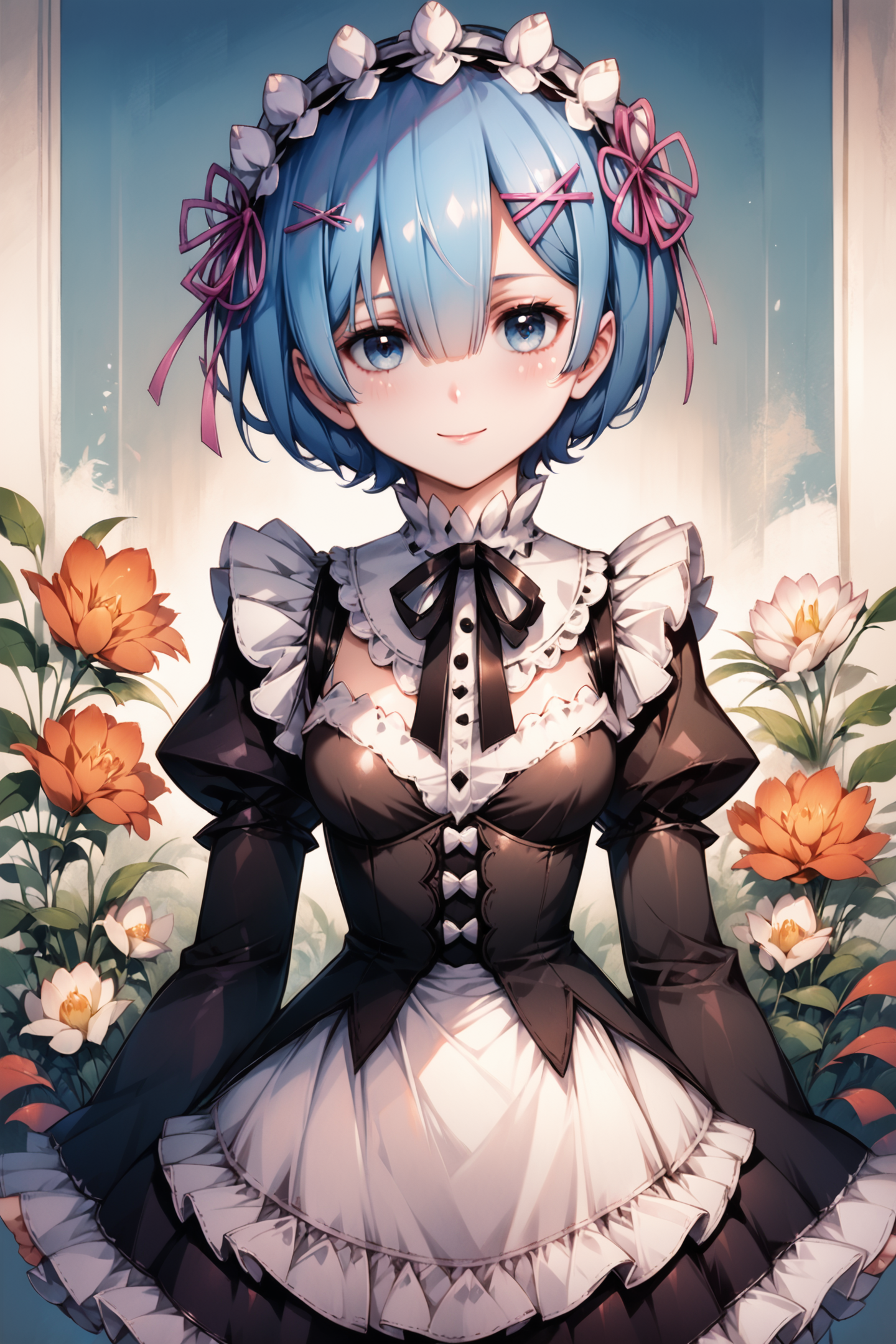 30918-1687086655-1girl,solo,rem (re_zero),blue hair,x hair ornament,short hair,hair ornament,blue eyes,maid,looking at viewer,ribbon,maid headdre.png